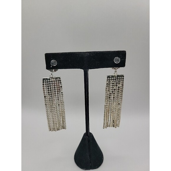 Vintage Silver Tone Rhinestone Tassel Fringe Dangle Earrings Glam Cocktail - Picture 12 of 12